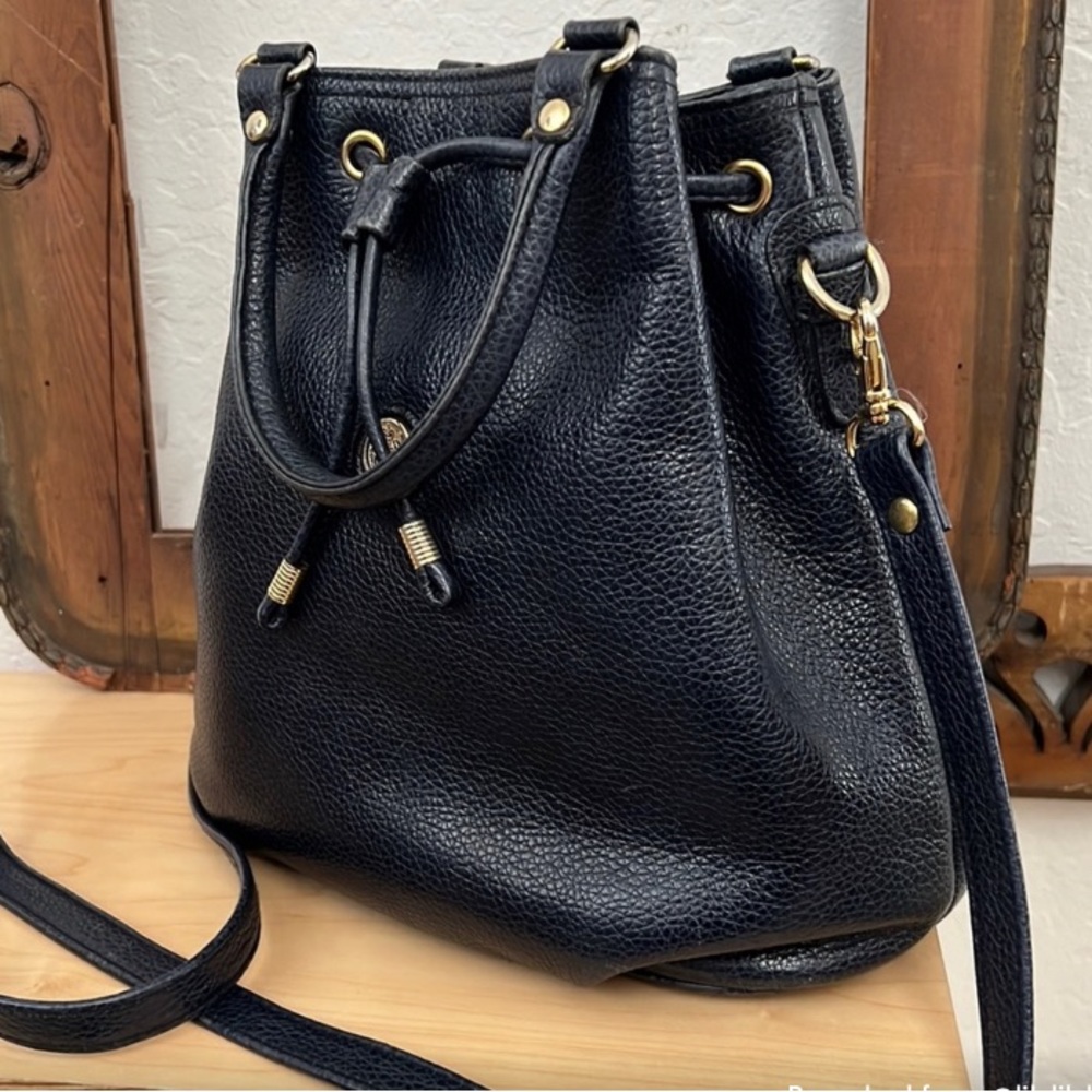 Vintage Navy Blue Leather Liz Claiborne Bucket Bag Purse